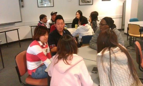 CNU students having discussions with other international students, from South Korea, China, Mali and India.