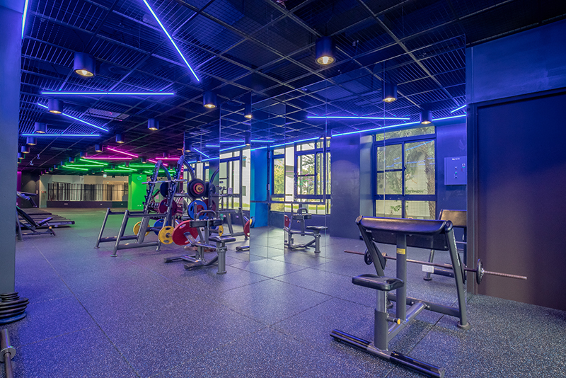 運動中心的舉重練習區有大面櫥窗讓運動變得不孤單