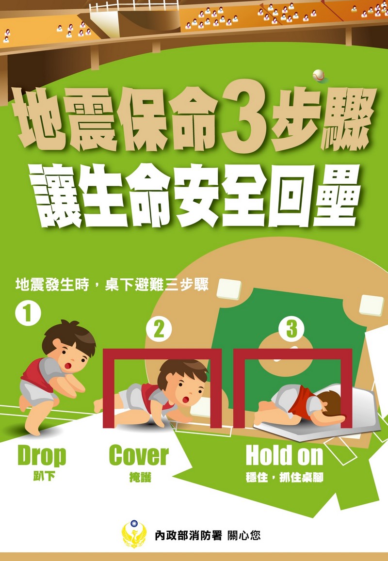 地震保命3步驟 讓生命安全回壘宣導海報